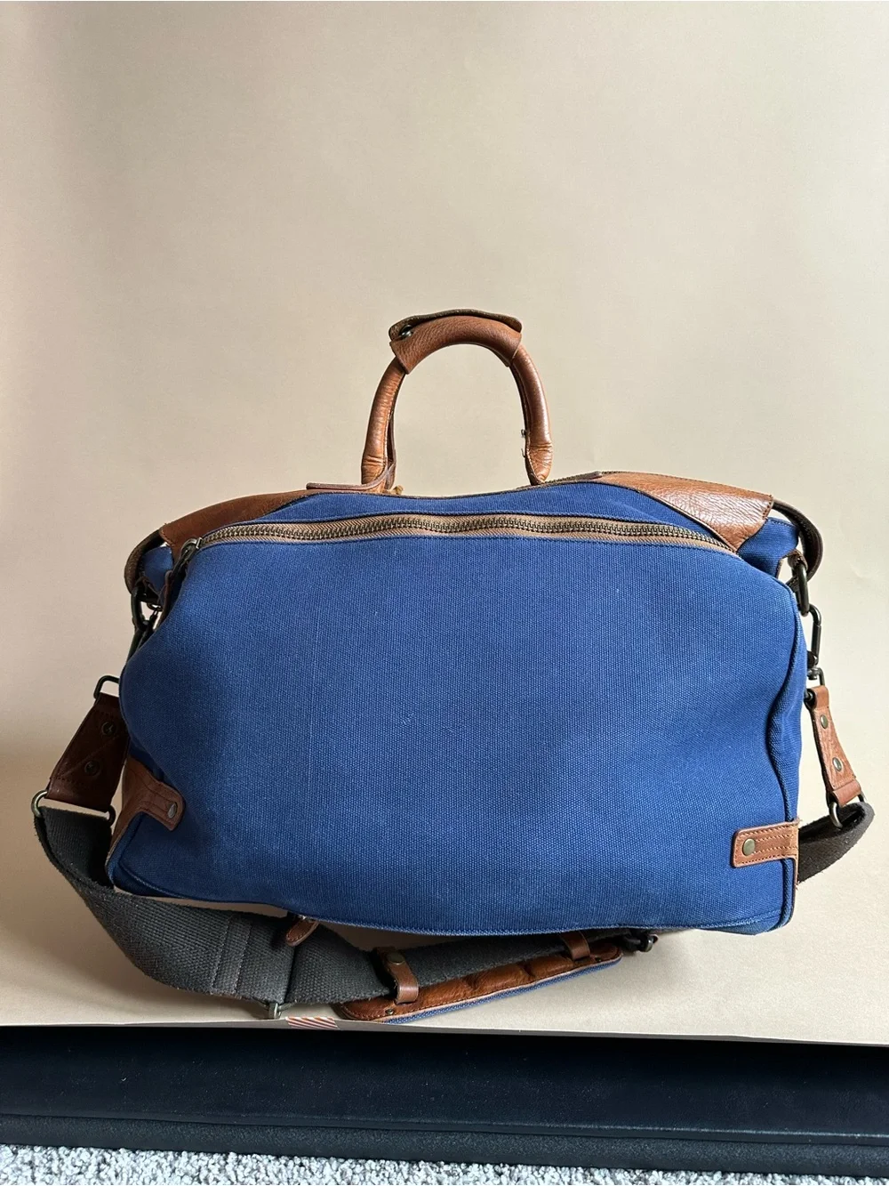 Will Leather Goods Blue Canvas Leather Duffel Bag Shoulder Strap Travel